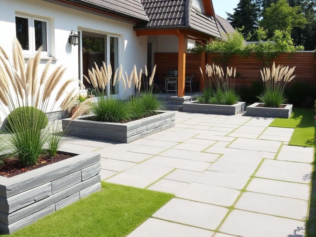 Neu gestalteter Garten mit Plattenfläche, Hochbeeten und Ziergräsern