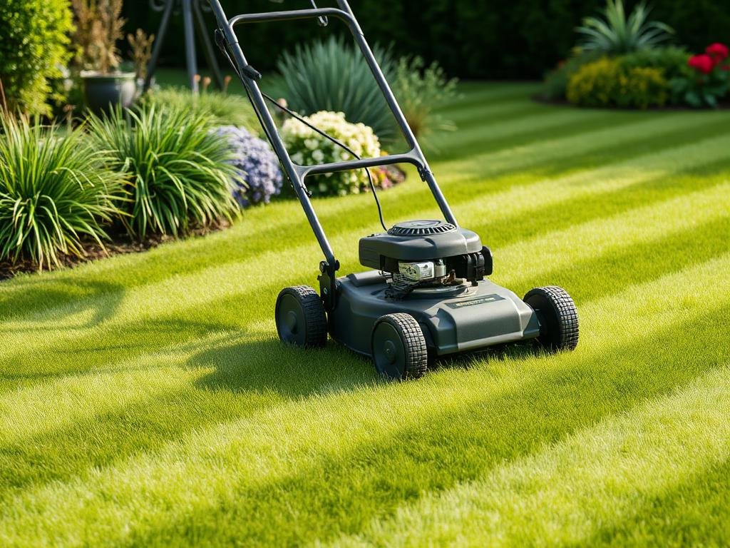 Rasenmäher auf einer frisch gemähten Rasenfläche im Hausgarten