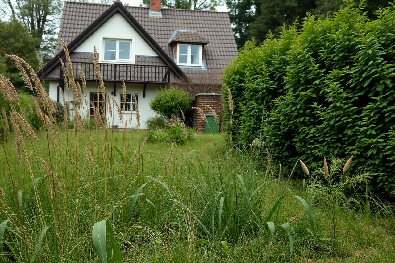Verwilderter Garten mit hohem Gras vor der Pflege
